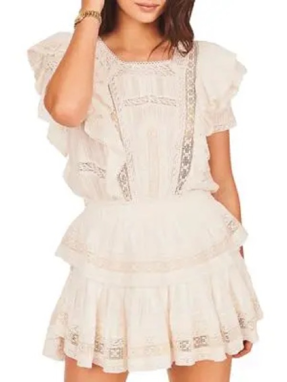 Loveshackfancy Cream Lace-Trim Tiered romper
